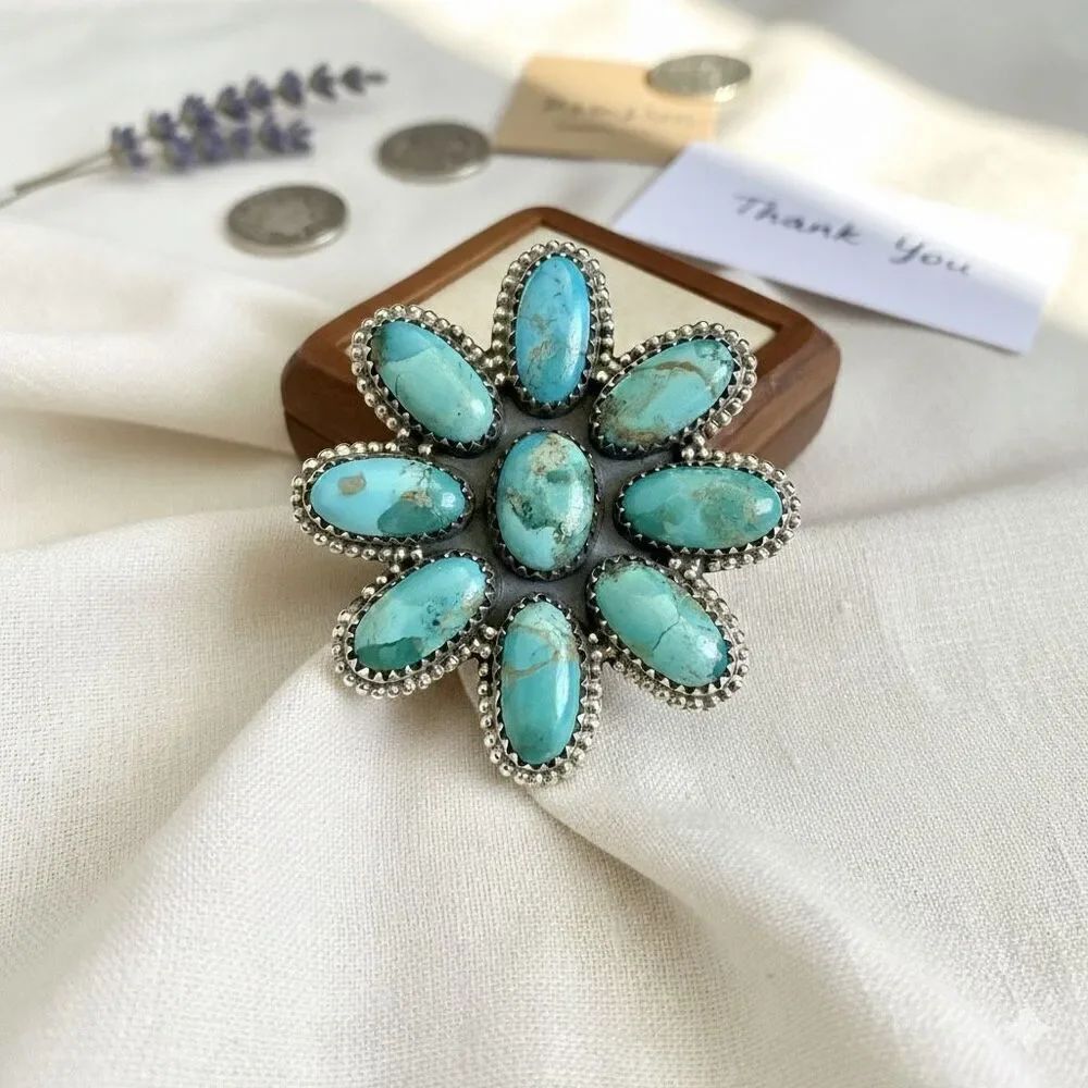 Stunning Large Southwestern Kingman Cluster Turquoise Floral Statement Adj Ring